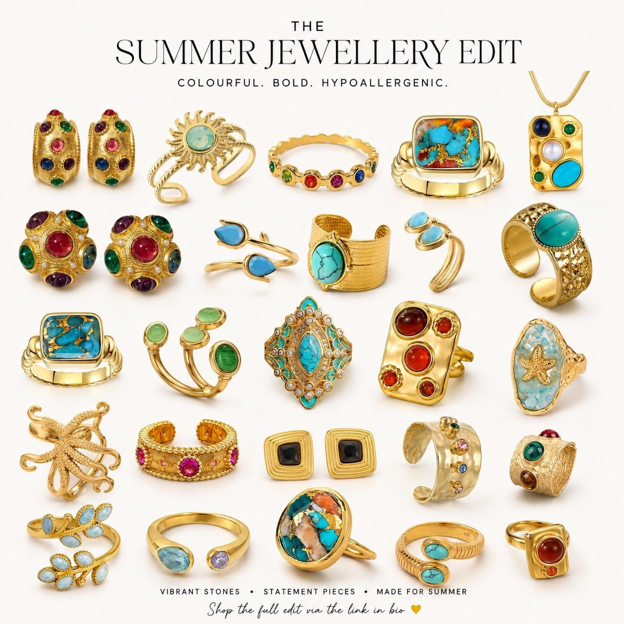 Summer Jewellery Edit | Colourful Hypoallergenic Gold Jewellery

A curated collection of colourful gold jewellery for summer, featuring statement rings, bold earrings, cuffs and necklaces. Every piece is hypoallergenic and perfect for elevating linen dresses, holiday outfits and everyday summer looks.

* summer jewellery
* gold jewellery
* colourful jewellery
* statement jewellery
* bold jewellery
* turquoise jewellery
* gemstone jewellery
* hypoallergenic jewellery
* summer accessories
* vacation accessories
* resort style
* holiday outfits
* statement rings
* gold cuffs
* colourful earrings
* beach style
* elevated basics
* linen outfit accessories
* capsule wardrobe accessories
* vacation style
* everyday jewellery
* chic summer style
* Mediterranean style
* coastal style
* luxury-inspired jewellery