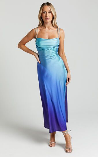 Sumara Midi Dress - Cowl Neck Satin Dress in Blue Ombre | Showpo (US, UK & Europe)