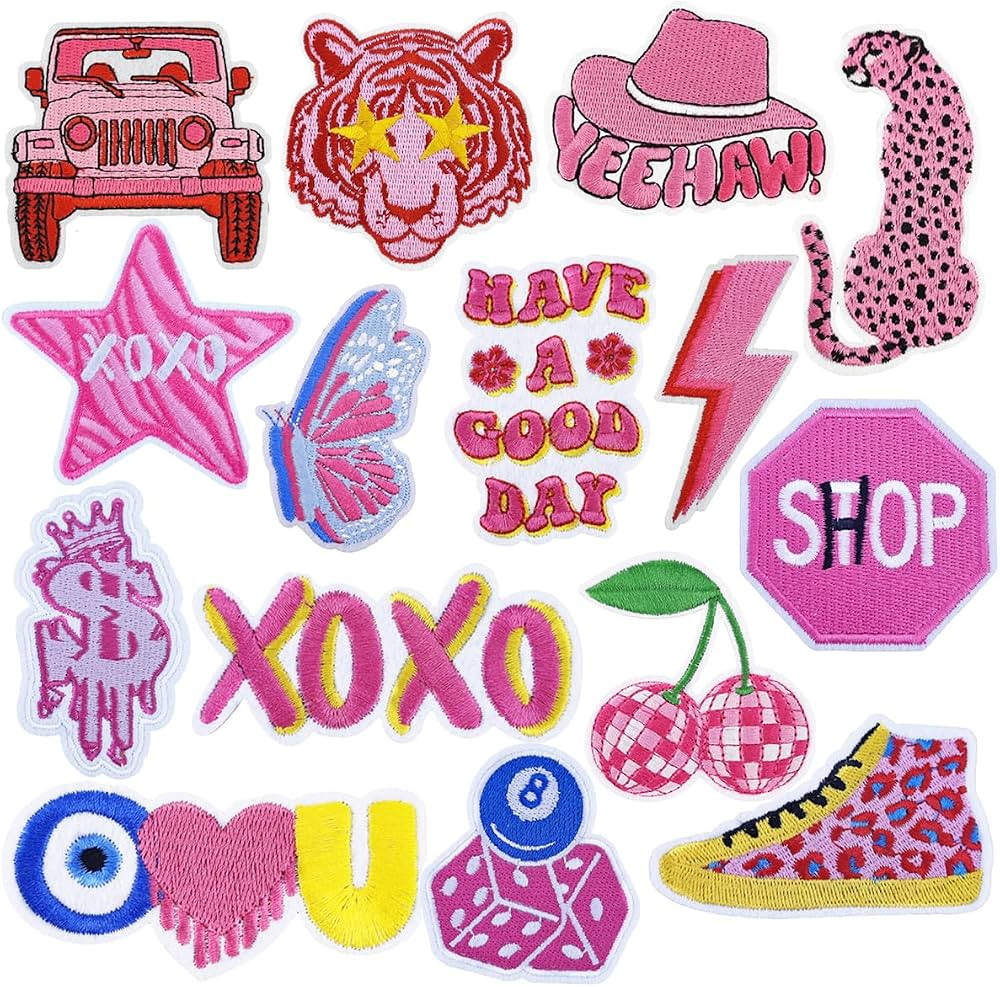16PCS Pink Preppy Iron on Patches Embroidered Sew on Patch Applique Embellishments for Hats Cloth... | Amazon (US)