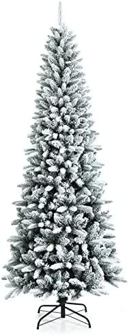 Goplus 7.5ft Snow Flocked Pencil Christmas Tree, Hinged Artificial Slim Xmas Tree W/ 1189 Branch ... | Amazon (US)