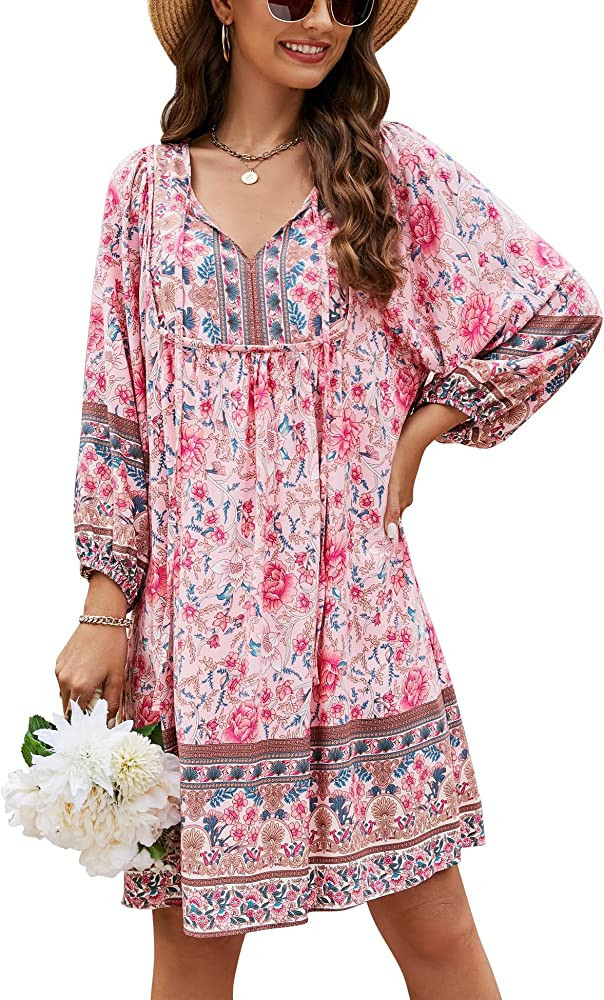 Bluetime Women Casual Summer Dress Boho V Neck 3/4 Sleeve Short Babydoll Floral Print Flowy Beach... | Amazon (US)
