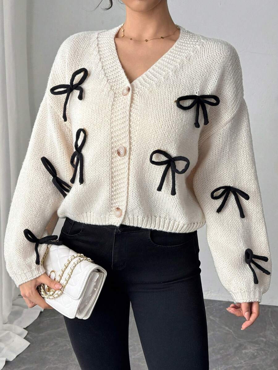 SHEIN Privé Women's Elegant Clear Fit Bow Decor Front Button V-Neck Long Sleeve Elegant And Cute... | SHEIN