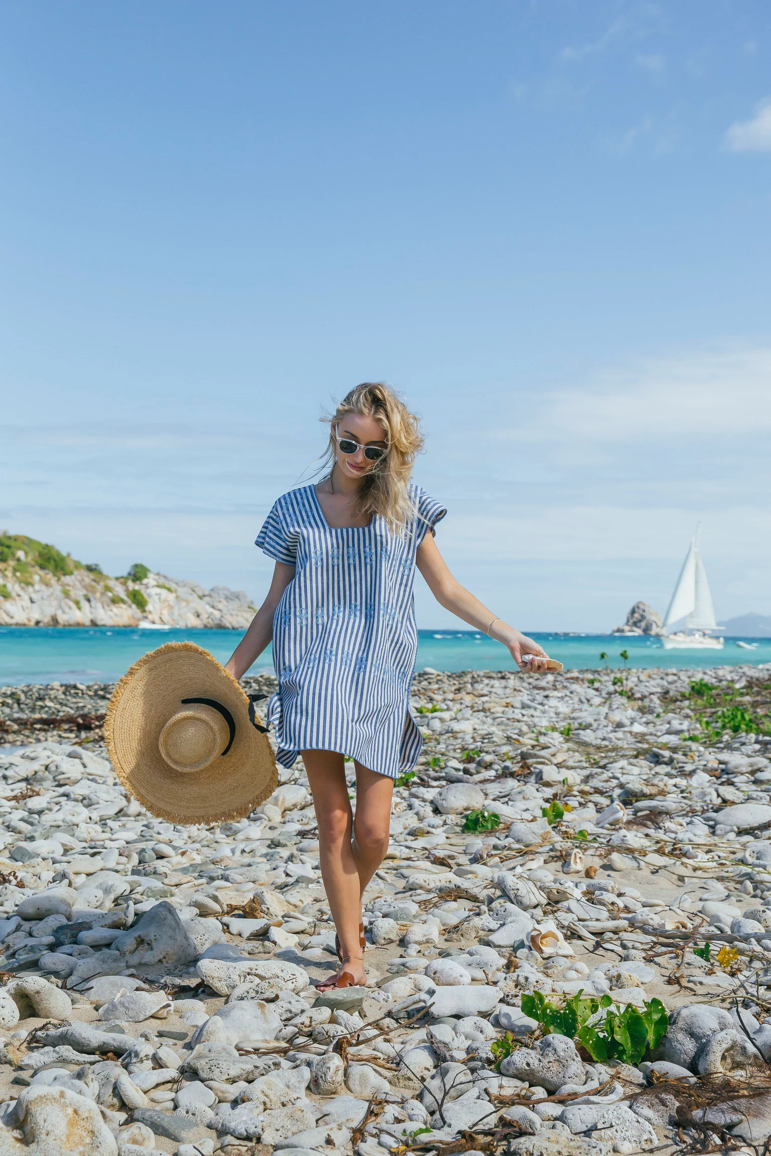 Blue Stripe Mini Sullivan Embroidered Canvas Caftan | Tuckernuck (US)