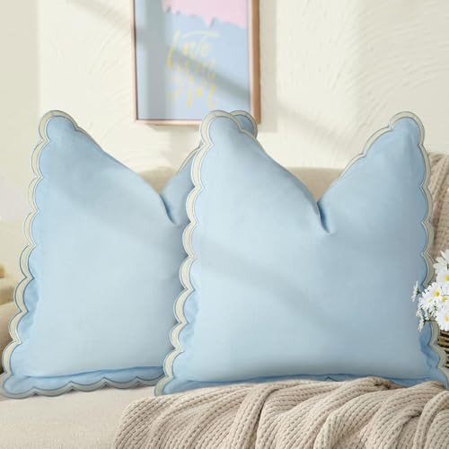 Gopenmy Scalloped Throw Pillow Covers Set of 2, 18x18 Inch Double Stitch Decorative Cotton Pillow Covers for Couch, Sofa & Living Room, Soft and Stylish Home Decor (Blue) | Amazon (US)