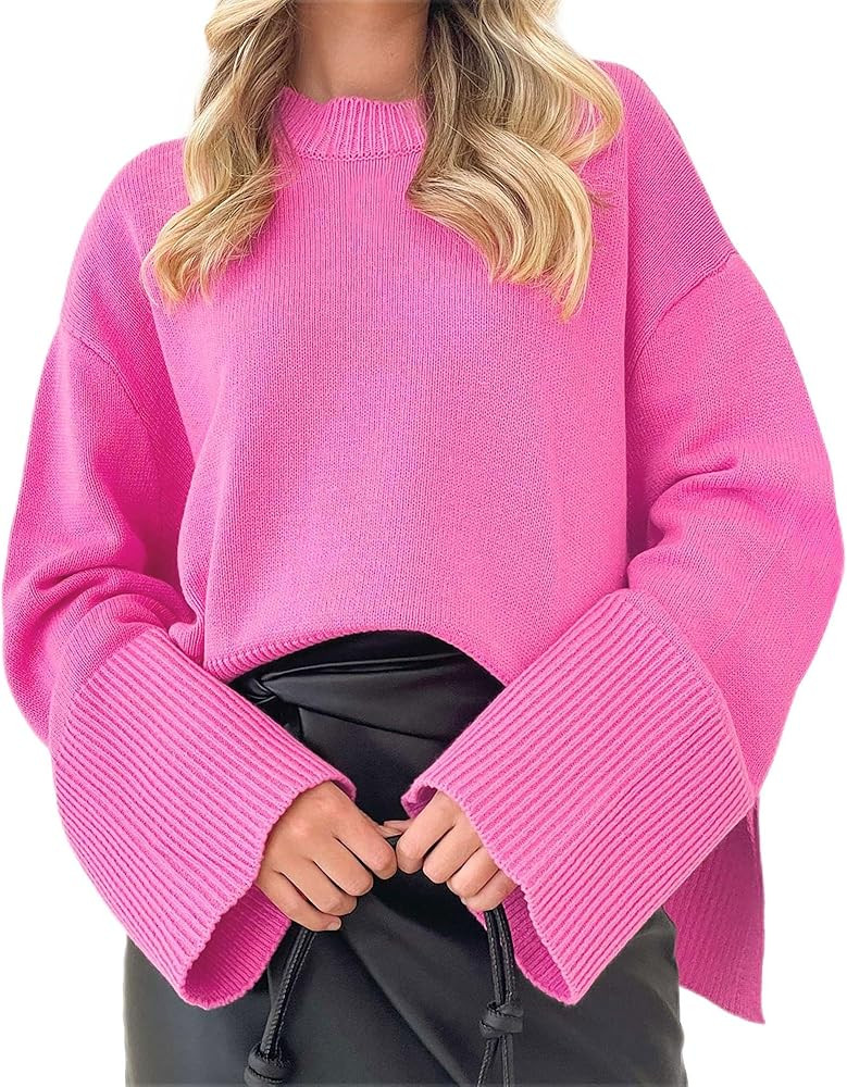 Womens 2023 Oversized Sweaters for Women Crewneck Long Sleeve Side Slit Warm Pullover Sweater Top... | Amazon (US)