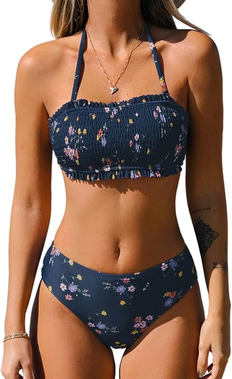 CUPSHE Bikini Set for Women Two Piece Swimsuit Bandeau Top Back Tie Mid Waisted Bottom with Remov... | Amazon (US)