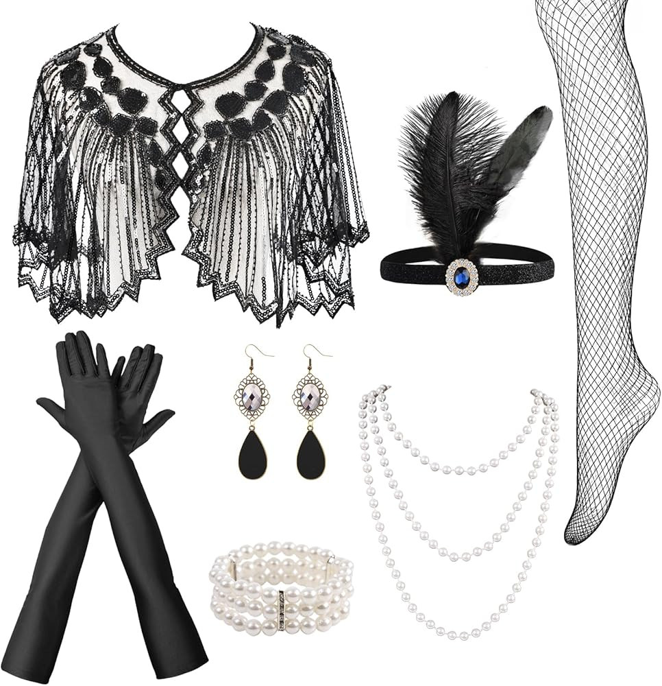 Women 1920s Flapper Set,Roaring 20s Headband Headpiece Costume Accessories for Halloween Party Co... | Amazon (US)