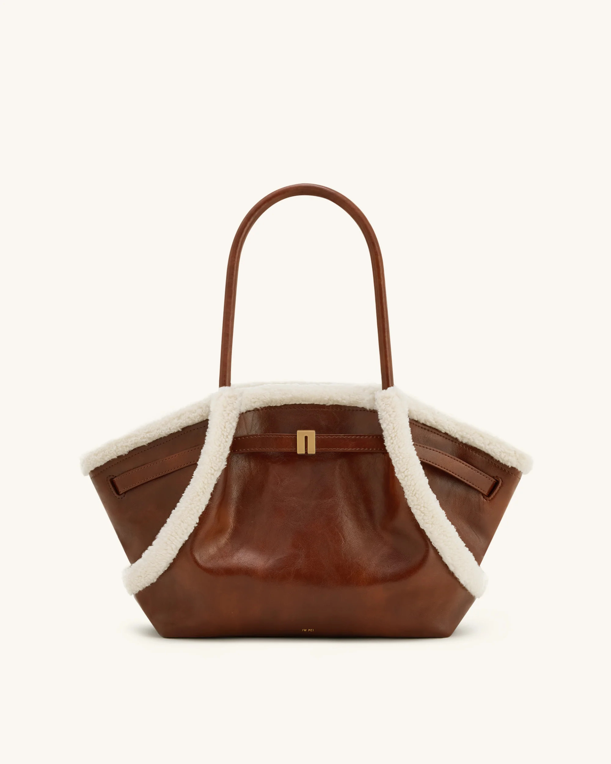 Hana Medium Faux Shearling Trim Tote Bag - Brown | JW PEI US
