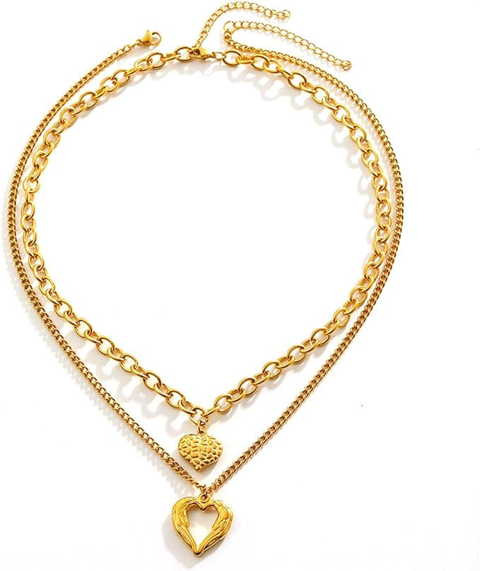 Angel Wings Loving Heart 14K Gold Plated Necklace Personality Hollow Heart Pendant Double-Deck Tw... | Amazon (US)