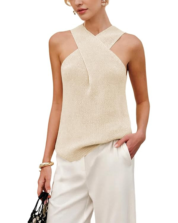 Yeokou Women Halter Cross Over Collar Tank Knit Sleeveless Top Solid Color Casual Summer Blouse | Amazon (US)