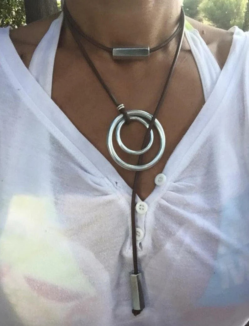 Necklace for Women, in Genuine Leather and Stainless Steel. Jewel for Her, Modern and Original. -... | Etsy (US)