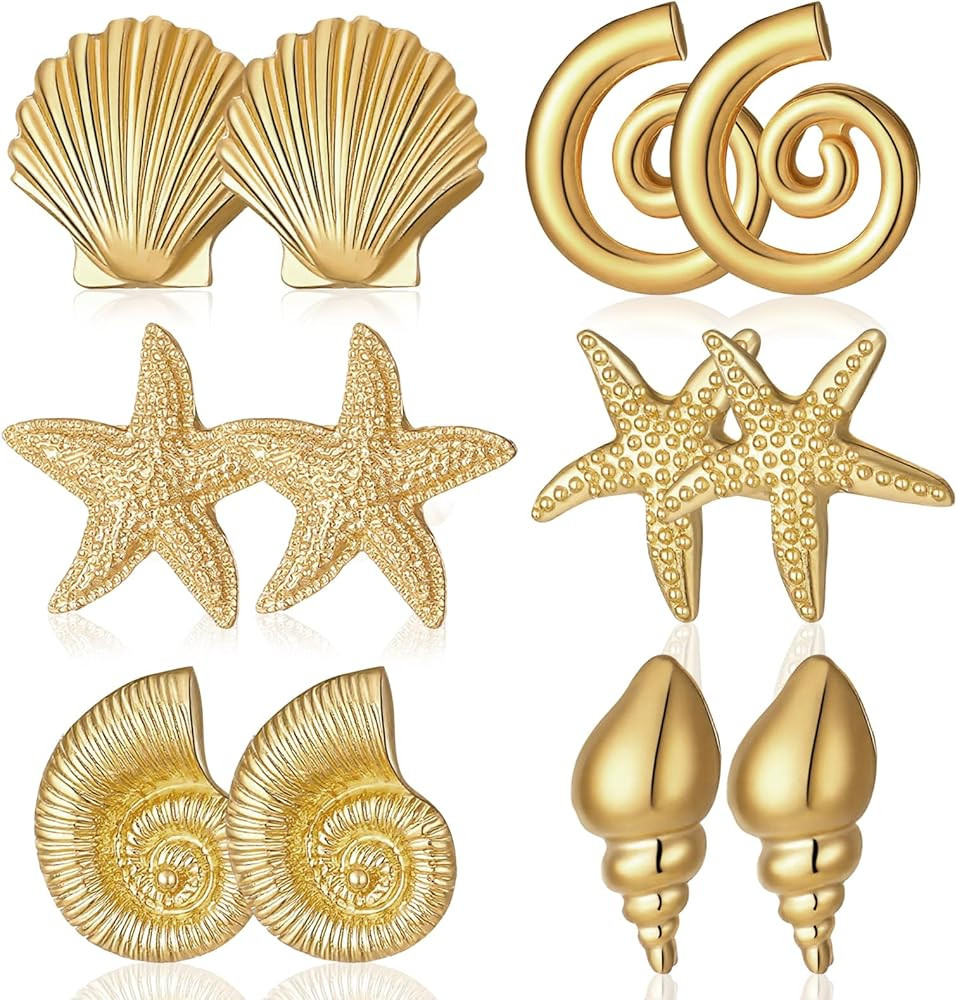 Tondiamo 6 Pairs Beach Earrings Set for Women Seashell Starfish Clam Conch Earrings Gold Summer O... | Amazon (US)
