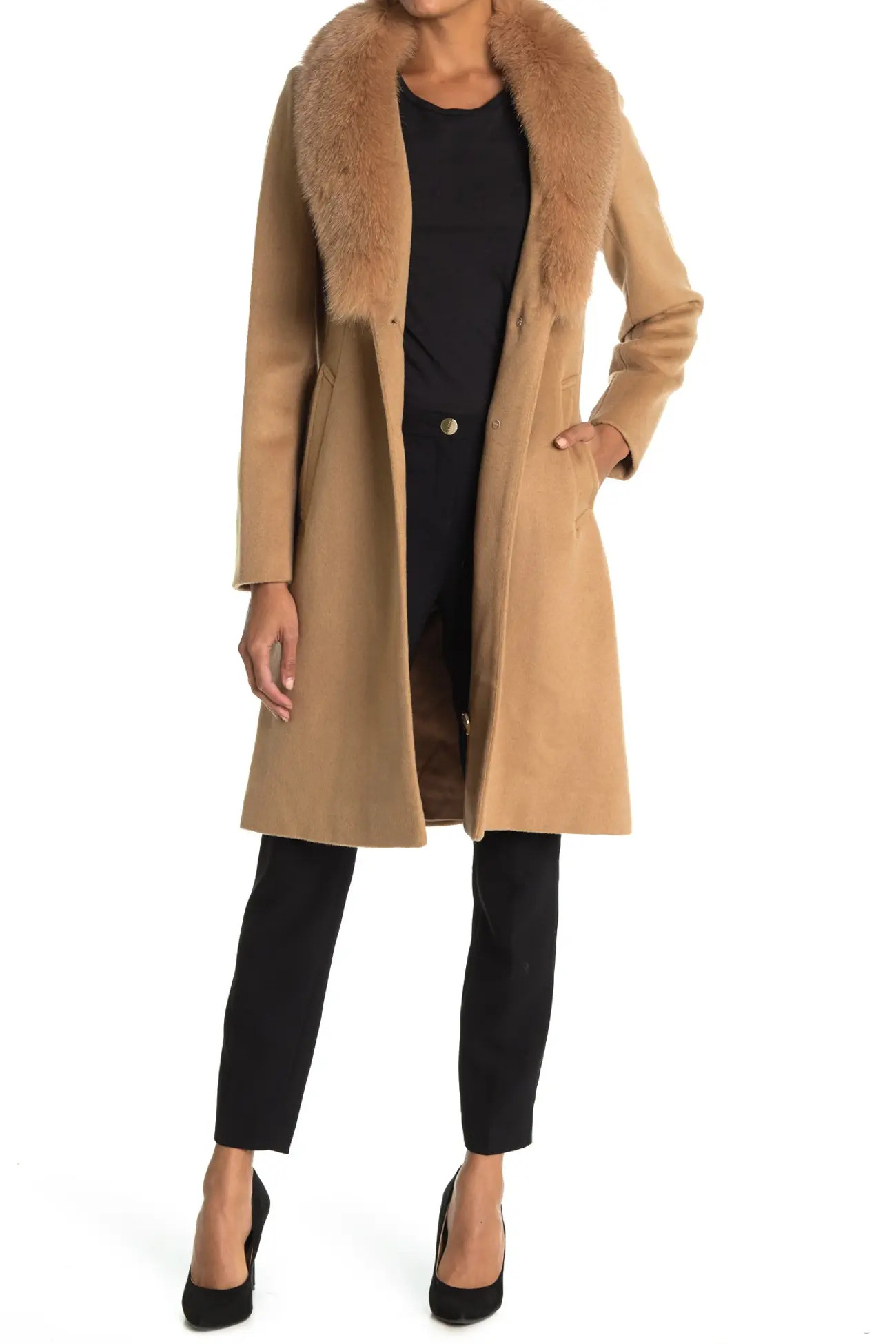 Sofia Cashmere | Genuine Fox Fur Collar Single Breasted Wool Blend Coat | Nordstrom Rack | Nordstrom Rack