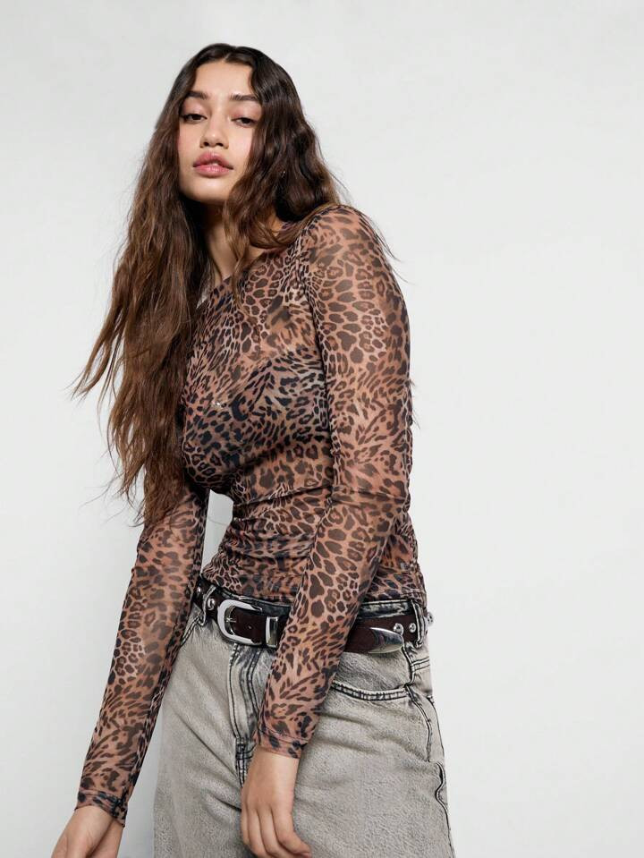 AiiRZ Leopard Print Sheer Long Sleeve Round Neck Fitted Top | SHEIN