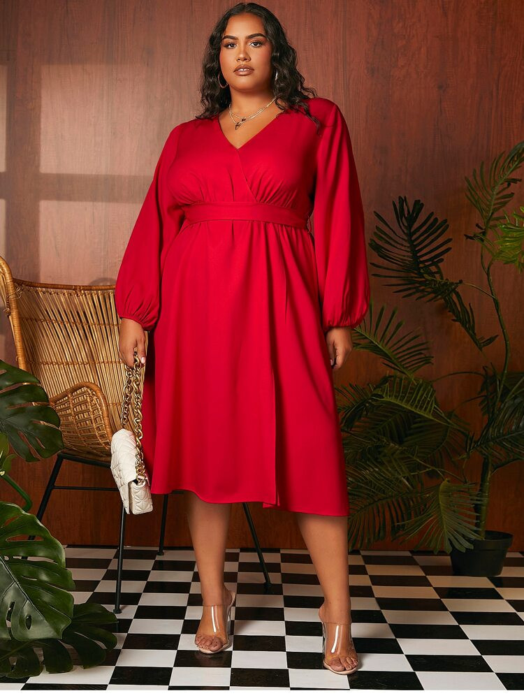 SHEIN FIT+ Plus Lantern Sleeve Split Thigh Belted Dress | SHEIN