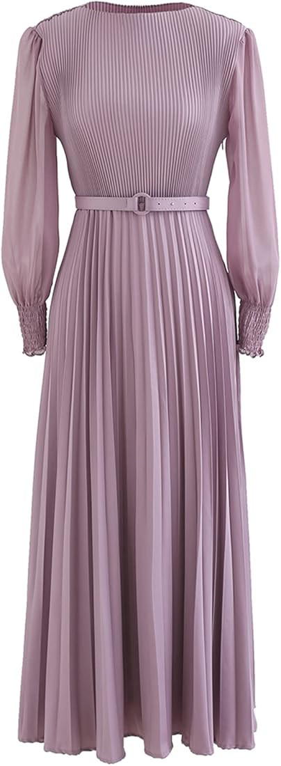 CHICWISH Women's Lilac/Yellow/Dark Green/Tan Full Pleated Belted Maxi Dress | Amazon (US)