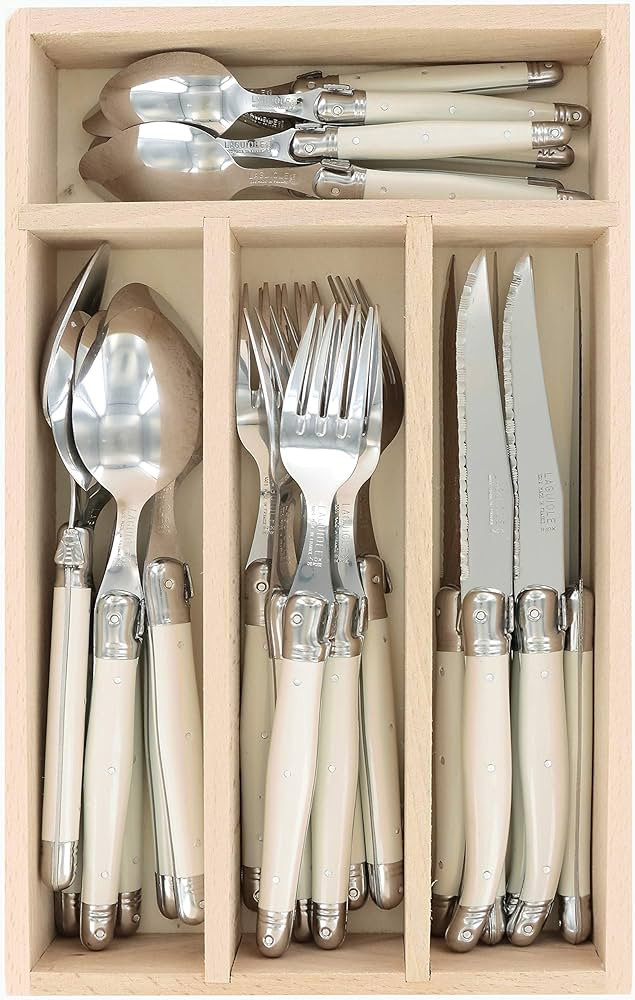 Laguiole Debutant 24 Piece Flatware Set, Steak Knives, Forks, Soup Spoons, Teaspoons, Ivory Color... | Amazon (US)