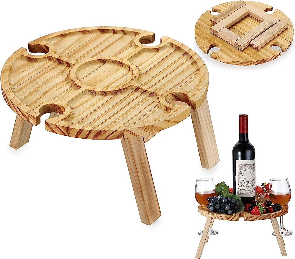 UBeesize Portable Wine Picnic Table with 1 Bottle Holder+4 Glass Holders, Natural Wood Picnic Tab... | Amazon (US)