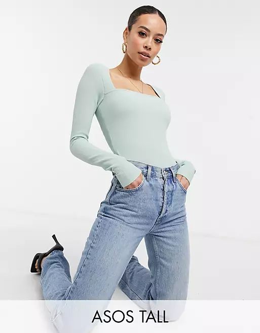ASOS DESIGN Tall crinkle bodysuit with ultra square neck in sage green | ASOS (Global)