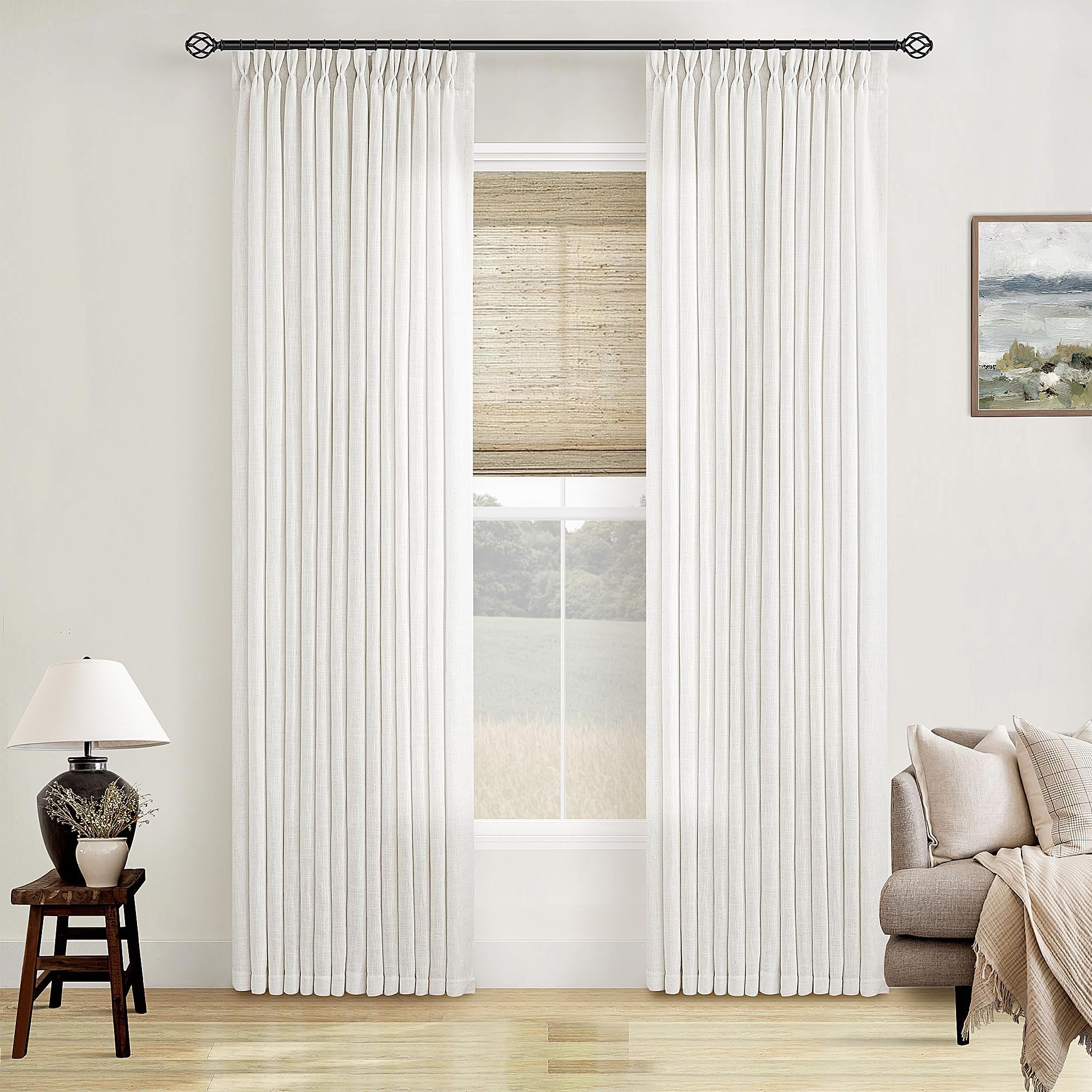 Beige White Linen Curtains Pinch Pleated 84 Inches Long for Living Room Bedroom Pleat with Rings Back Tab Semi Sheer Curtains 84 Inch Length 2 Panels Set Light Filtering Farmhouse Drapes | Amazon (US)