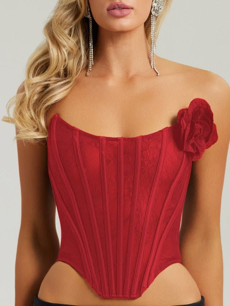 Red lace mesh corset top with flower | Heiress Beverly Hills