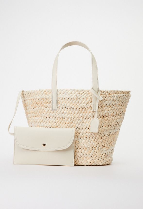 Raffia Tote Set With Faux Leather Trims | JustFab