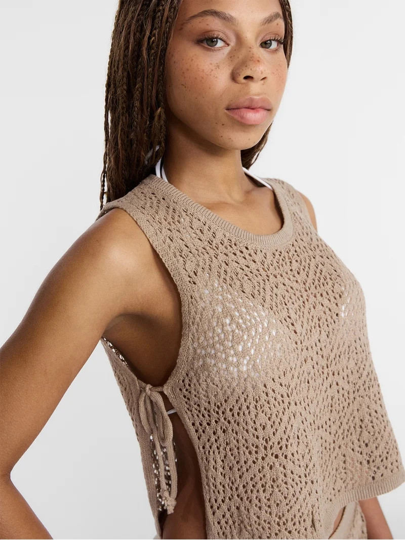 No Boundaries Cropped Crochet Knit Poncho with Side Ties, Women's | Walmart (US)