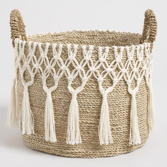 Large Natural Seagrass Haven Basket with White Macrame | World Market