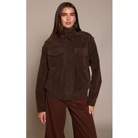 Chocolate Plum Funnel Neck Pocket Detail Faux Suede Bomber | PrettyLittleThing UK