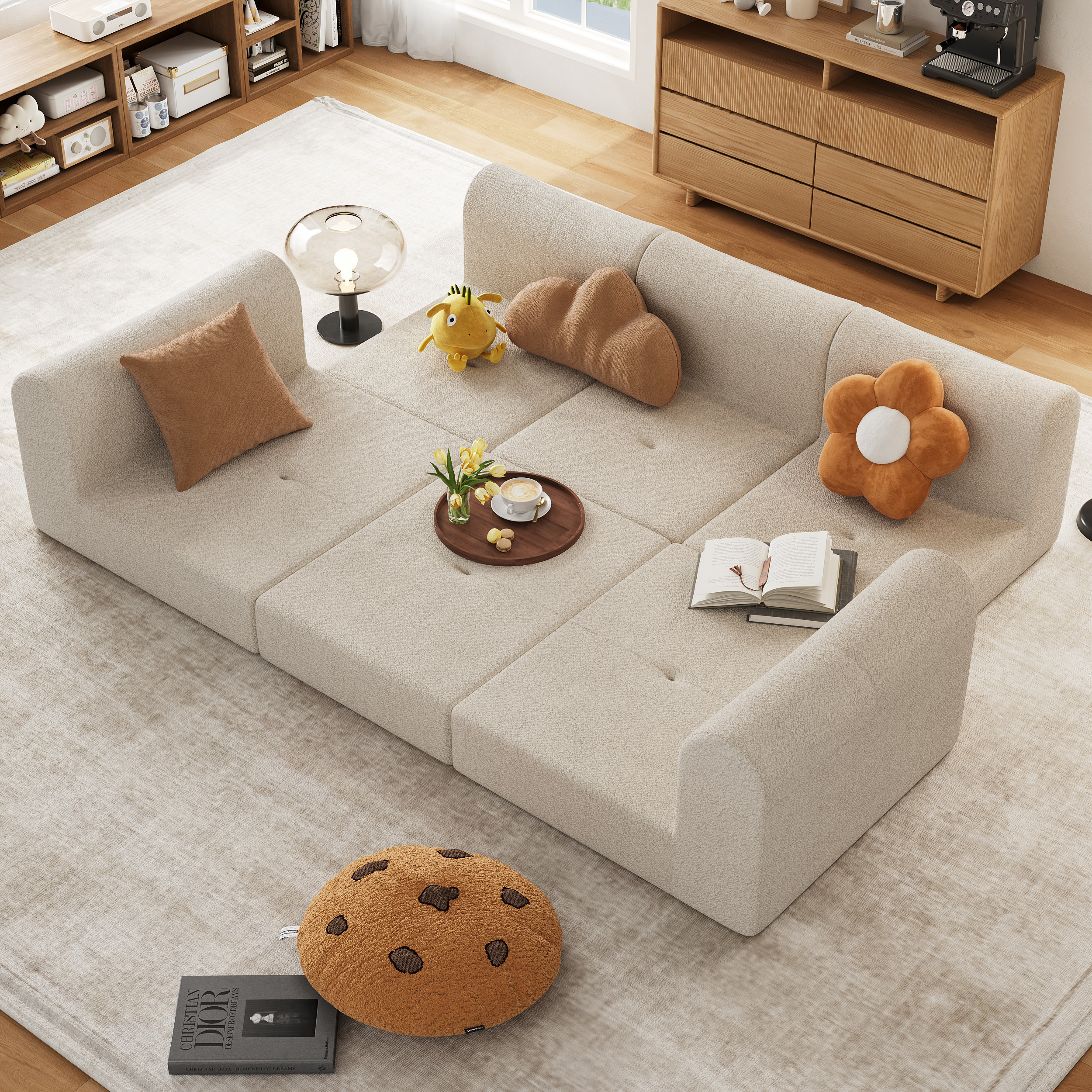 105" Boucle Sleeper Sectional Sofa Bed 3 Pieces Oatmeal Sectional Couch wiith Pull Out Bed | Homary