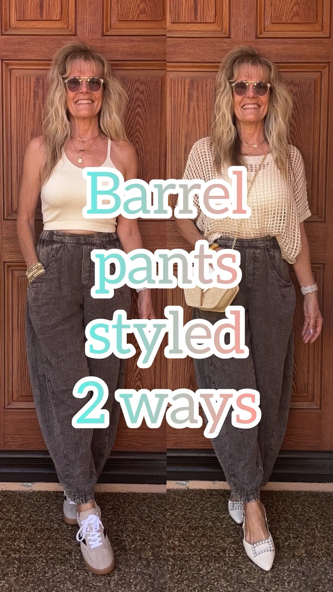 I absolutely LOVE these pull on barrel trousers!  They are SO comfortable! Wearing size XS. They come in several colors too! This cropped tank comes in a 3 pack and I size up to a M-L for extra comfort. They come in a ton of colors! This open knit sweater top is so cute and it has a little bit of an oversized fit!  I’m wearing size XS. My cute Steve Madden sneakers are my true size 9.  My sling back ballet flats are my true size 9. They are no longer available, but I’ve linked a similar pair.

LTK style tips • LTK fashion • LTK sale alert • LTK fit • LTK over 60 • micro influencer • style influencer • wfh wardrobe • sahm style • affordable fashion • sales & splurges • fashion addict • shopaholic • summer 2024 • summertime fashion • ways to style •outfit ideas • outfit inspiration • everyday outfit • ootd • casual outfit • casual style • daily looks •over 60 • over 60 fashion • over 60 style • ageless style • fun fashion • comfy style • glamma • instafashion • retail therapy goals • Summer fashion • Summer style • Summer outfit • Amazon fashion • Amazon sweater • Amazon must haves • Free People • Free People barrel pants • Free People obsessed • sneakers • slingback shoes • summer shoes • sandals • vacation outfit • fun jewelry • Amazon purse

#LTKFindsUnder100 #LTKOver40 #LTKStyleTip