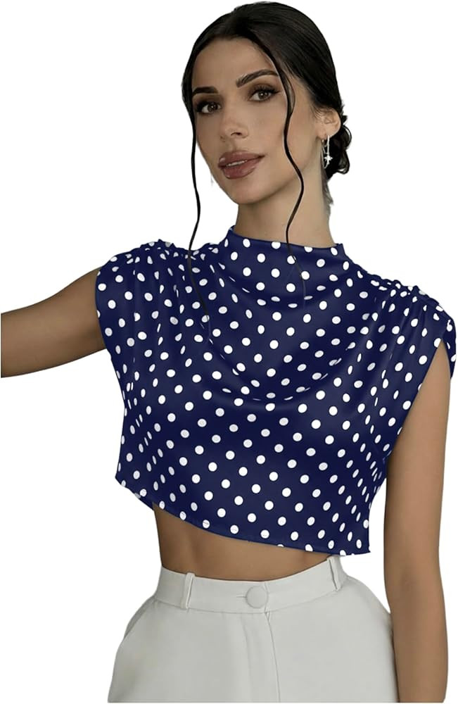 SweatyRocks Women's Satin Crop Tops Ruched Mock Neck Cap Sleeve Elegant Blouse Shirt | Amazon (US)