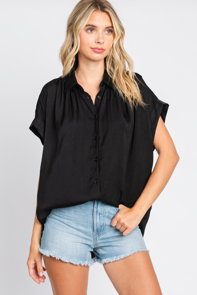 Black Satin Button Front Collared Short Sleeve Top | PinkBlush Maternity