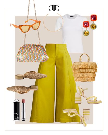 Spring outfit, summer outfit, casual outfit, flats, sandals, raffia tote, clutch, pants, slacks, t-shirt 