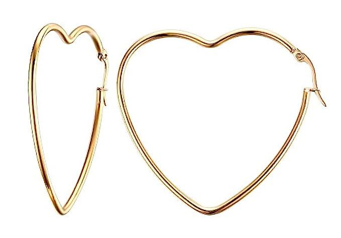 HUANIAN Women's Stainless Steel Gold Plated Heart Shape Hinged Large Hoop Earring,Anti-allergy | Amazon (US)