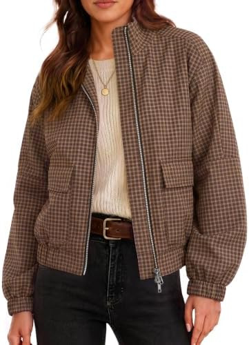 Womens Cropped Plaid Jacket Zip Up Lightweight Casual Coat with Pockets | Amazon (US)