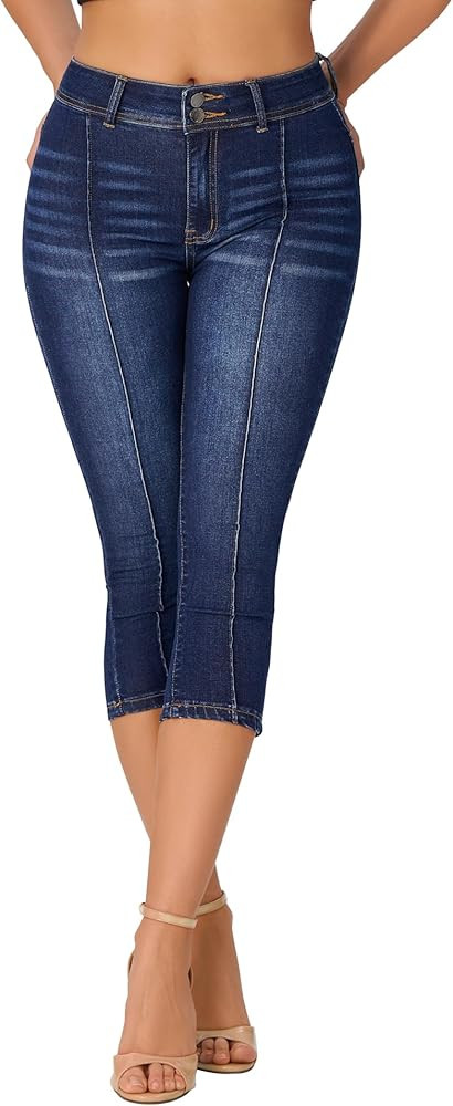 Amazon.com: roswear Women\u2019s Capri Pants Trendy Mid Rise Skinny Stretchy Front Seam Denim Jea... | Amazon (US)