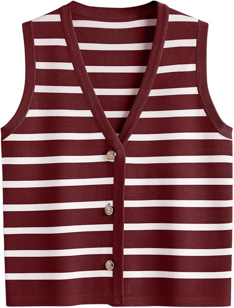 LILLUSORY Summer Vest Tops for Women 2025 Striped Sweater Vests Vacation Button Up Outfits Spring... | Amazon (US)