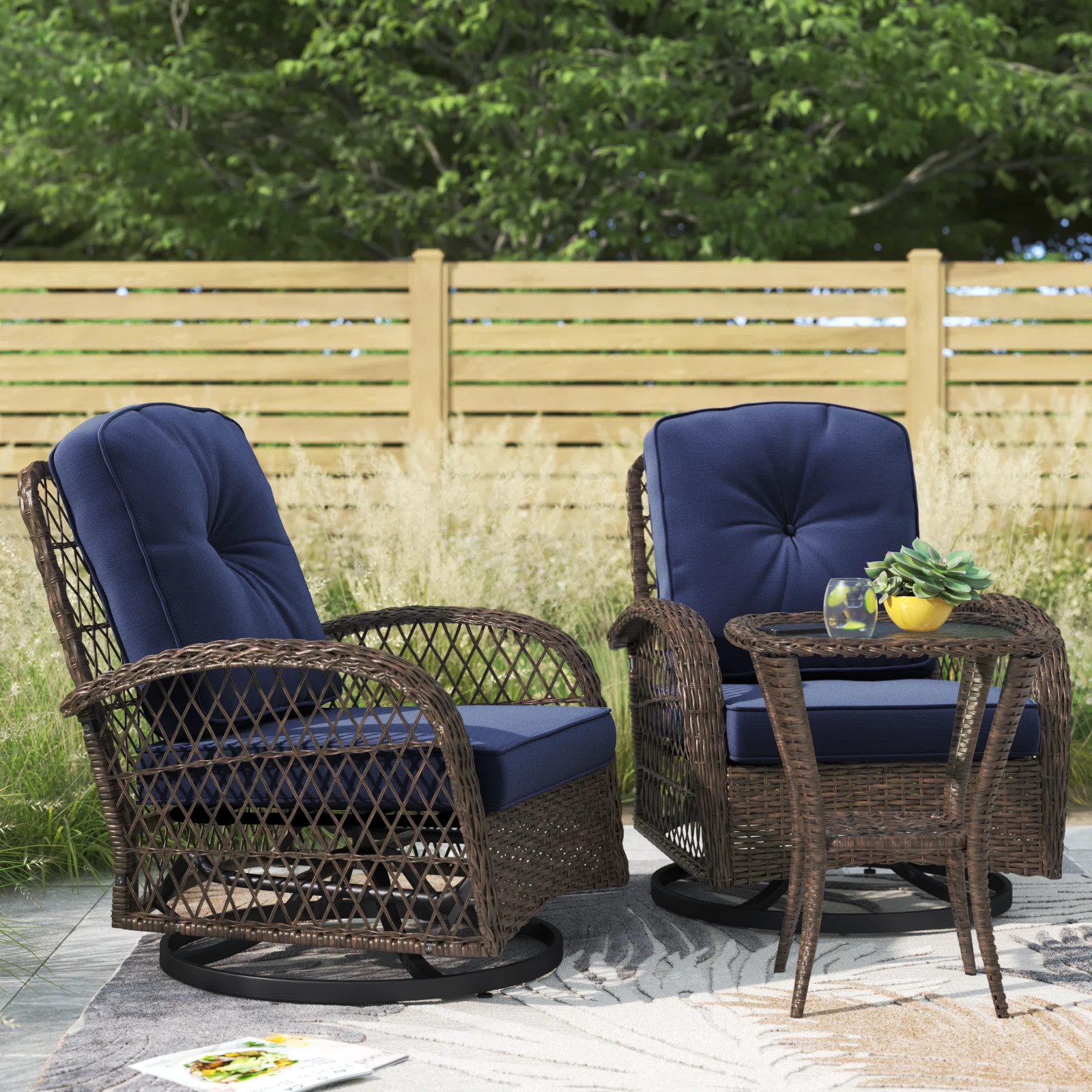 Beachcrest Home\u2122 Denison 2-Person Outdoor Seating Group, Wicker Swivel Chairs with Cushions ... | Wayfair North America