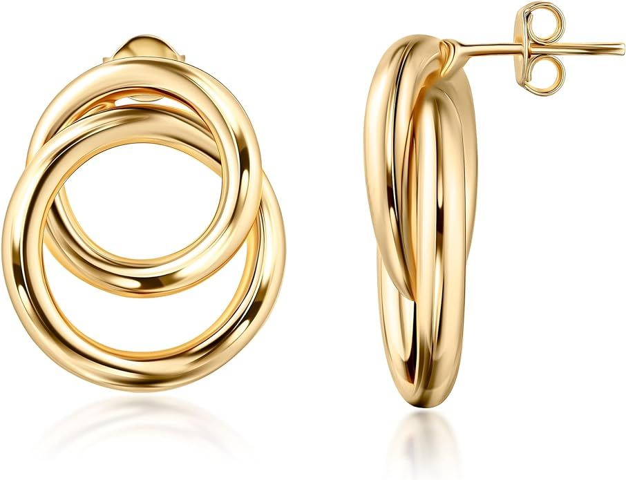 Barzel 18K Gold Plated Double Loop Dangling Earrings, High Polish Finish, Intertwined Design, Gol... | Amazon (US)