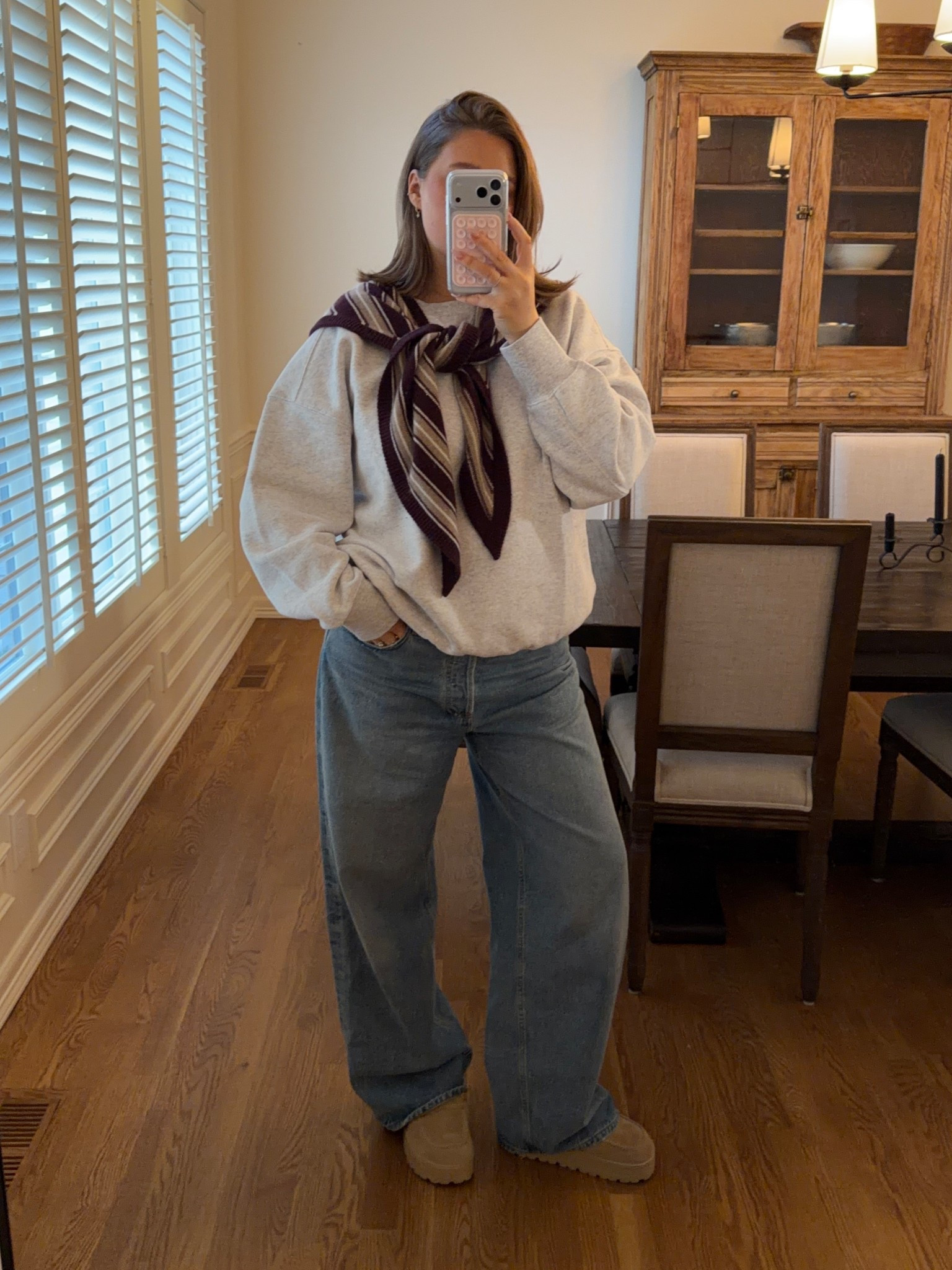 Sweatshirt from aerie I sized up to large it’s the softest and so cozy. Jeans true to size with a low rise baggy fit that is still flattering. Scarf is gorgeous and soft cashmere comes in a few colors!! Prada loafers are a splurge I’ve worn every day lol comfy true to size. Will link similar!
