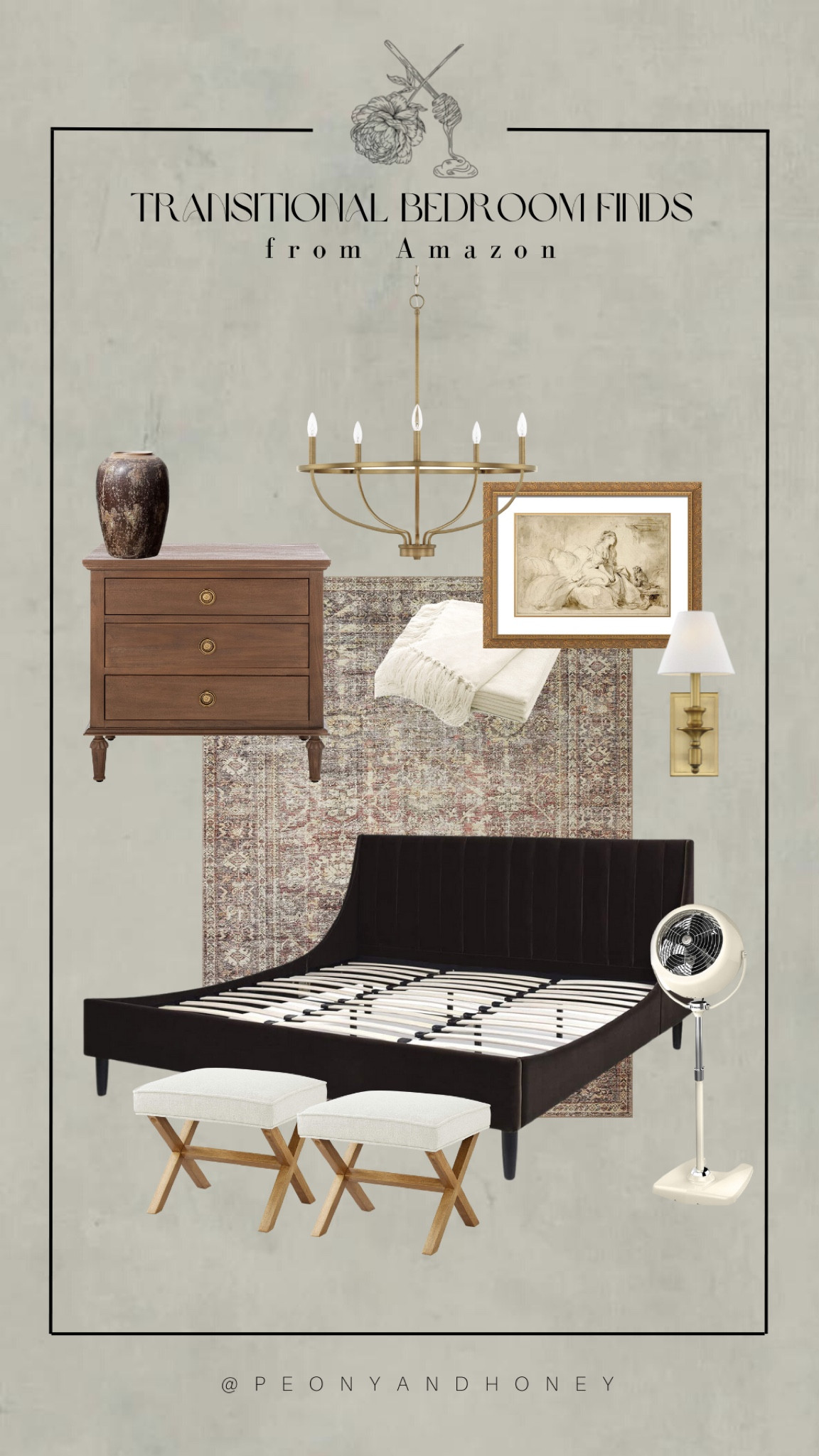 Check out this transitional bedroom design complete with a velvet channeled bed frame, Bordeaux colored area rug, traditional wood nightstand, and more home accents! #competition #homedecor #interiordesign #bedroom #bedroomdesign #bedroomdecor #bedroomfurniture #rugs #sconce #lighting #nightstands #chandelier #bedframe #wallart

#LTKhome #LTKFind