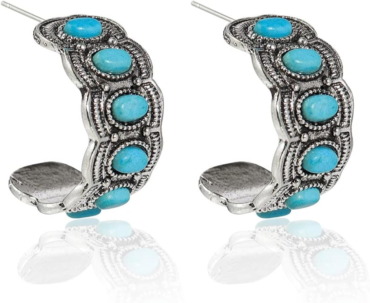 Western Earrings Natural Turquoise Dangle Metal Large Oval Earrings Vintage Statement Teardrop Ea... | Amazon (US)