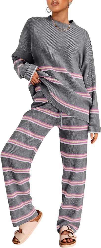 LILLUSORY 2 Piece Outfits for Women 2024 Oversized Lounge Sets Striped Sweaters Cozy Knit Sets Tr... | Amazon (US)