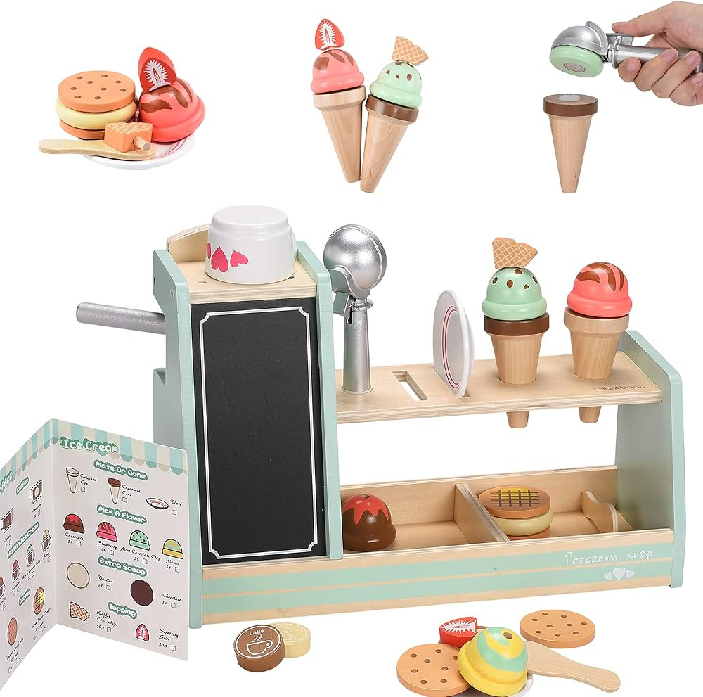 Giant bean Wooden Ice Cream, Coffee and Frozen Treat 3-in-1 Counter Playset, 25 PCS Toddler Prete... | Amazon (US)