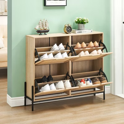 Natural Rattan 4 Flip Door Shoe Cabinet Organizer, Freestanding Shoe Rack Storage Cabinet with 3-... | Target