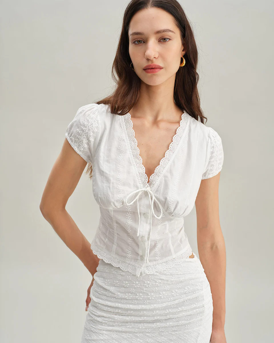 White Textured Cap Sleeve Blouse | rihoas.com