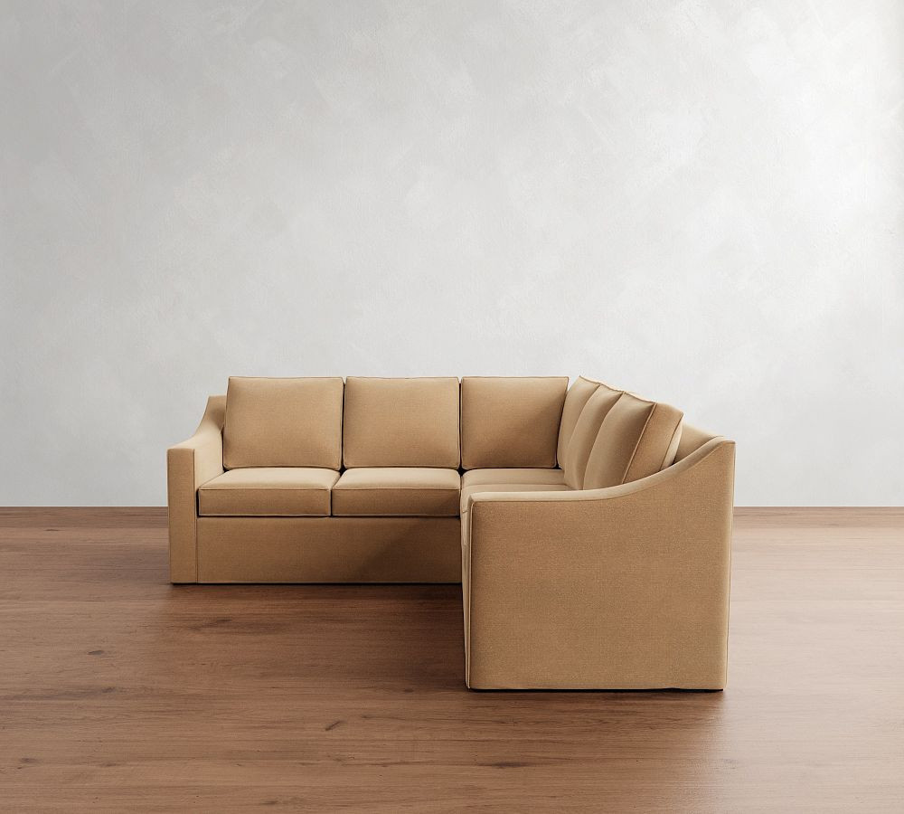 Cameron Slope Arm Slipcovered 3-Piece L-Shaped Corner Sectional, Polyester Wrapped Cushions, Faux Mohair Velvet Sand | Pottery Barn (US)
