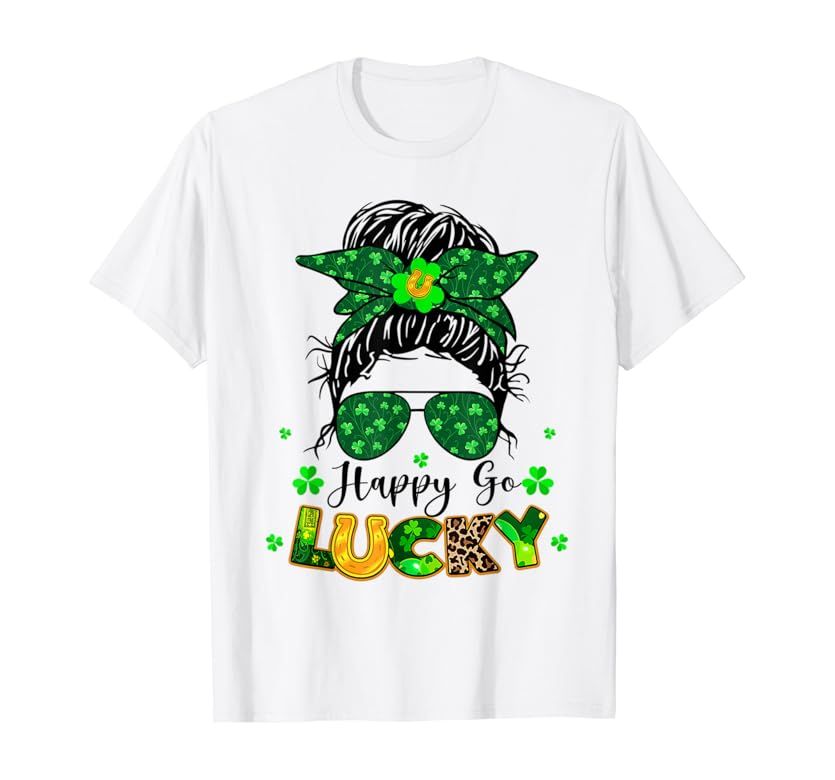 Women Happy Go Lucky Messy Bun Shamrock St Patrick's Day T-Shirt | Amazon (US)