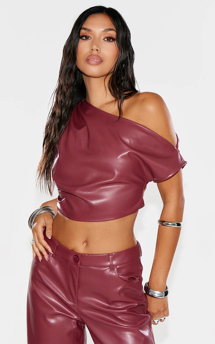Burgundy Faux Leather Ruched One Shoulder Asymmetric Crop Top | PrettyLittleThing US